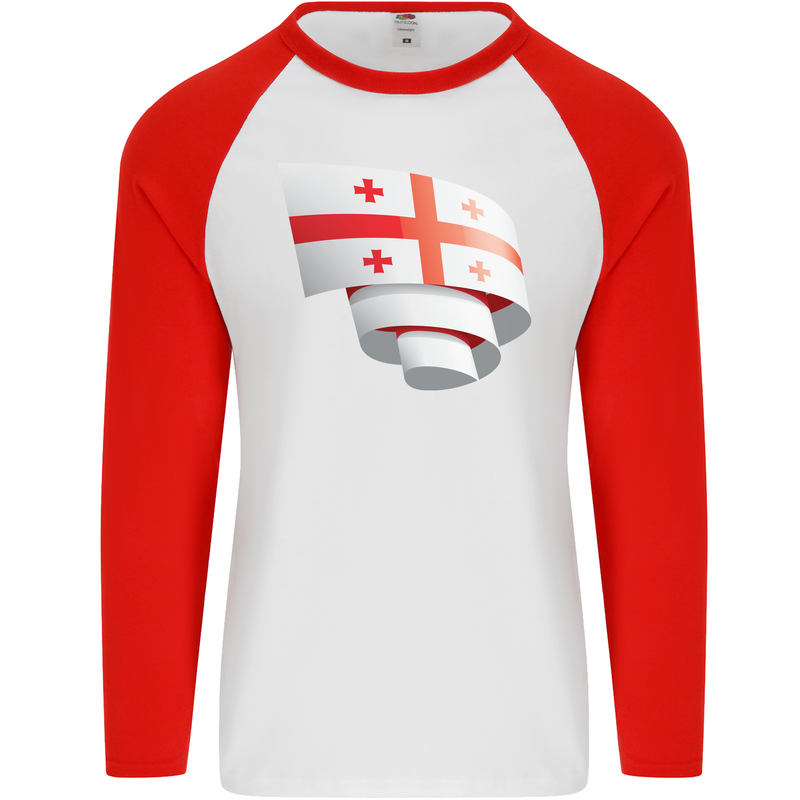 Curled Georgia Flag Georgian Day Football Mens L/S Baseball T-Shirt White/Red