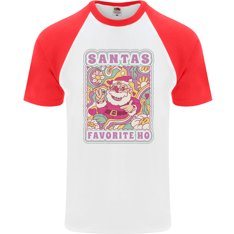 Santa's Favourite HO Funny Hippy Trippy Christmas Mens S/S Baseball T-Shirt White/Red