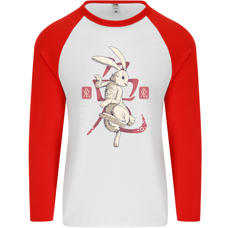 Chinese Zodiac Shengxiao Year of the Rabbit Mens L/S Baseball T-Shirt White/Red