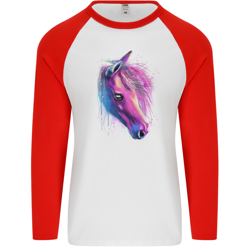 Watercolour Horse Mens L/S Baseball T-Shirt White/Red