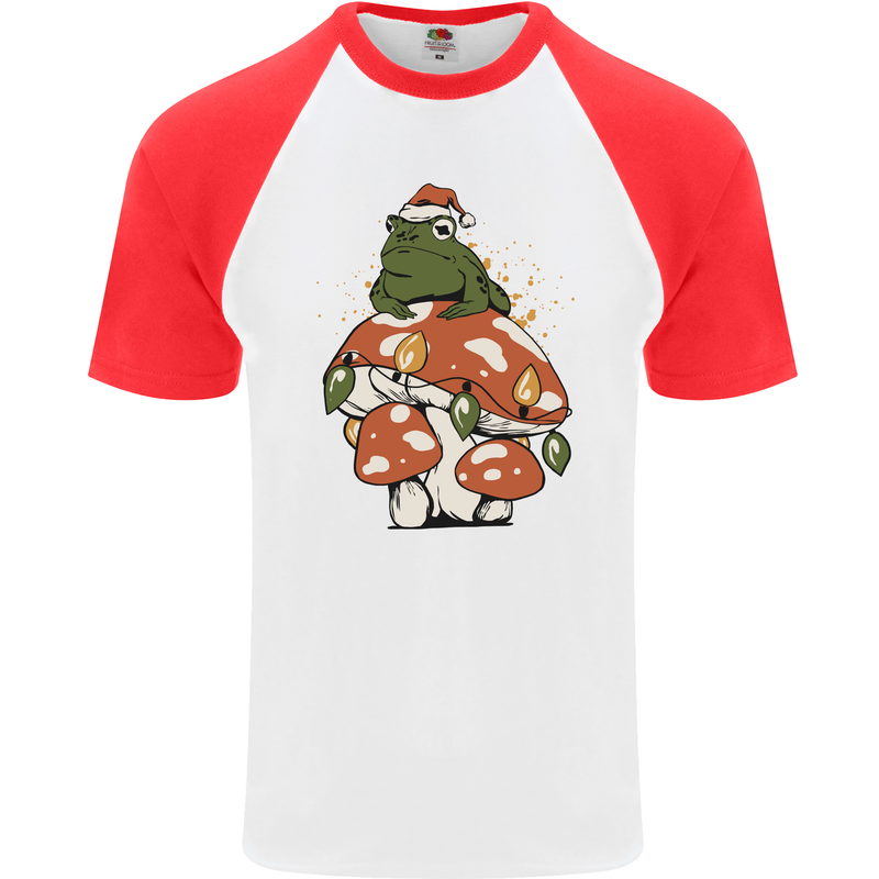 Christmas Frog Mushroom Xmas Mycology Foraging Mens S/S Baseball T-Shirt White/Red