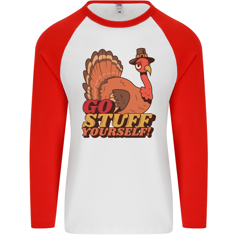 Stuff Yourself Funny Vegetarian Vegan Turkey Mens L/S Baseball T-Shirt White/Red