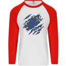 Torn EU Flag European Union Flag Football Mens L/S Baseball T-Shirt White/Red