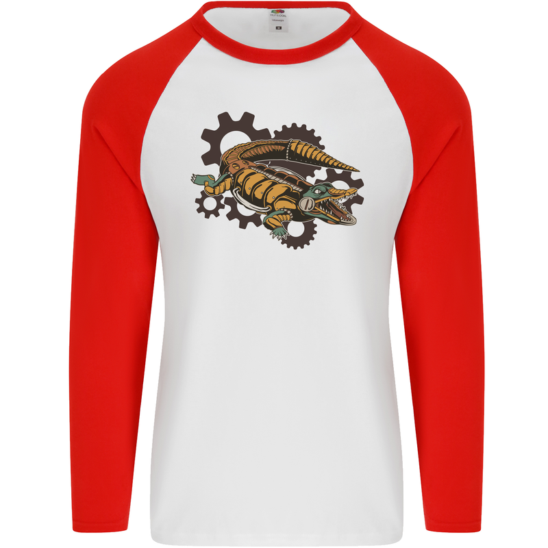 Steampunk Crocodile Alligator Mens L/S Baseball T-Shirt White/Red