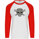 Mechanic Engine Skull Mens L/S Baseball T-Shirt White/Red