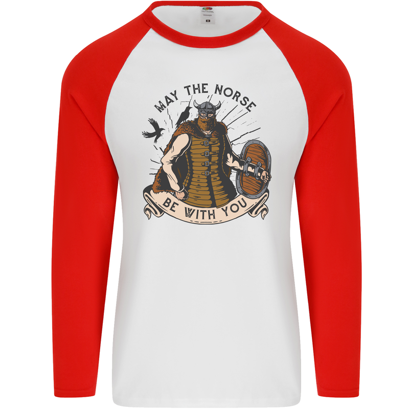 May the Norse Be With You Funny Viking Mens L/S Baseball T-Shirt White/Red
