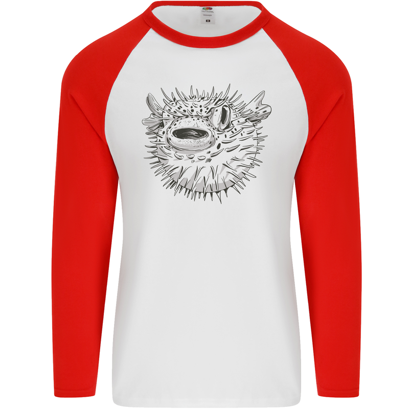 A Pufferfish Puffer Illustration Mens L/S Baseball T-Shirt White/Red