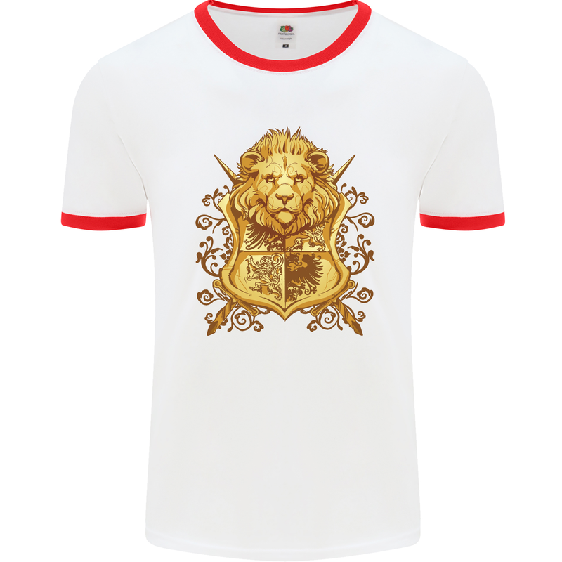 A Heraldic Lion Coat of Arms Shield Mens Ringer T-Shirt White/Red