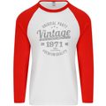 Vintage Year 52nd Birthday 1971 Mens L/S Baseball T-Shirt White/Red