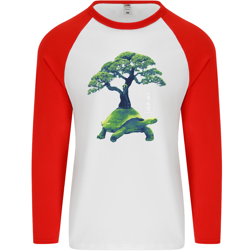 Abstract Tortoise Tree Mens L/S Baseball T-Shirt White/Red