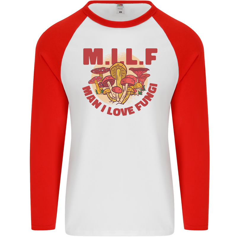 MILF Man I Love Fungi Mycology Foraging Mens L/S Baseball T-Shirt White/Red