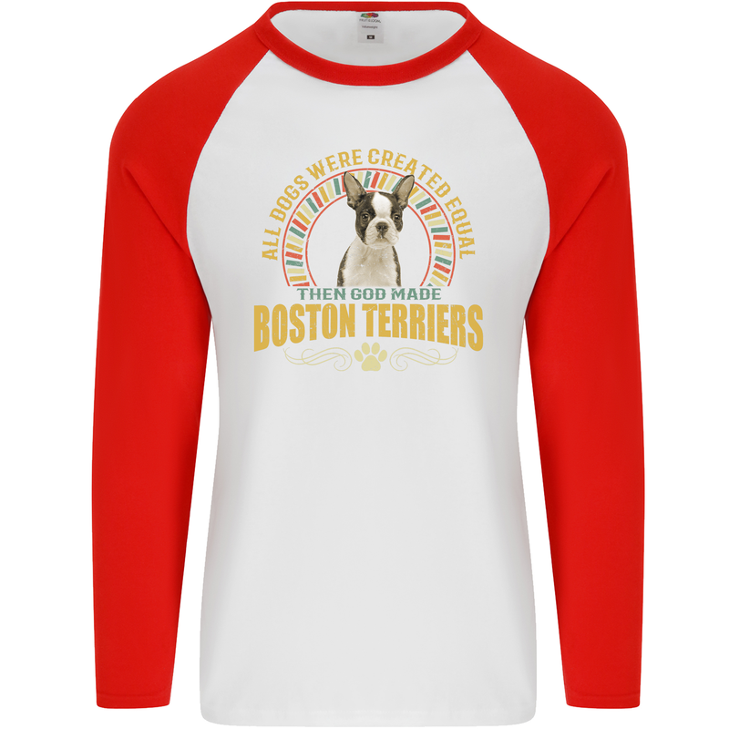 A Boston Terrier Dog Mens L/S Baseball T-Shirt White/Red