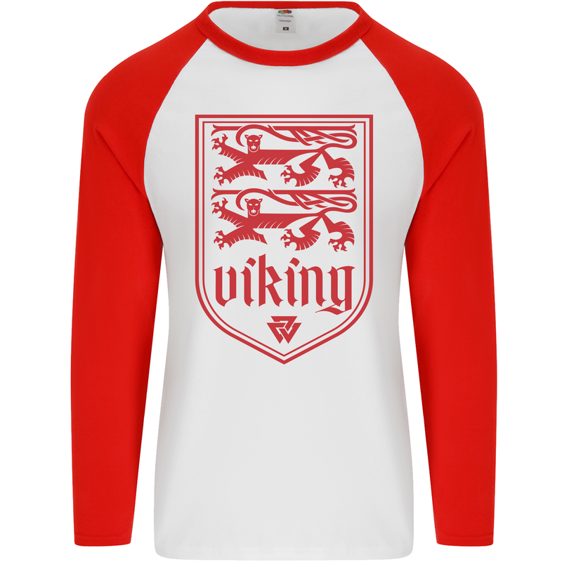 The Vikings Valknut Symbol Lions Valhalla Mens L/S Baseball T-Shirt White/Red