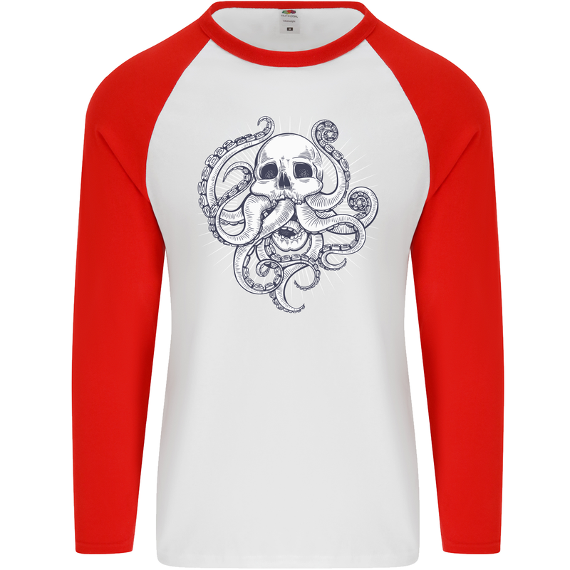 Cthulhu Skull Mens L/S Baseball T-Shirt White/Red