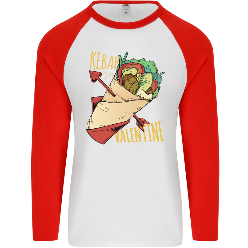 Singles Day Anti Valentines Day Kebab Mens L/S Baseball T-Shirt White/Red