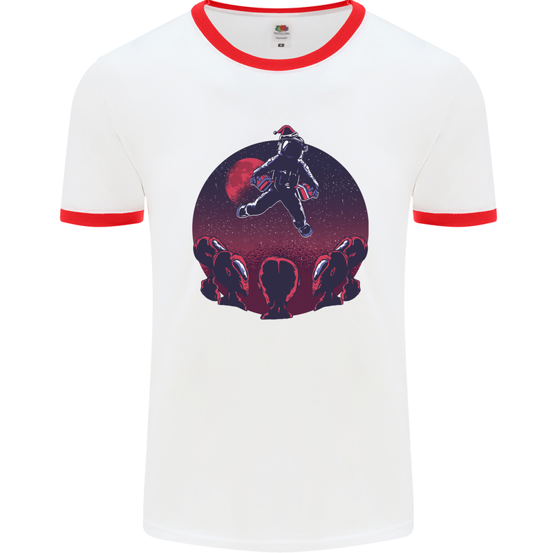 Astronaut Santa & Aliens Christmas Planets Xmas Mens Ringer T-Shirt White/Red