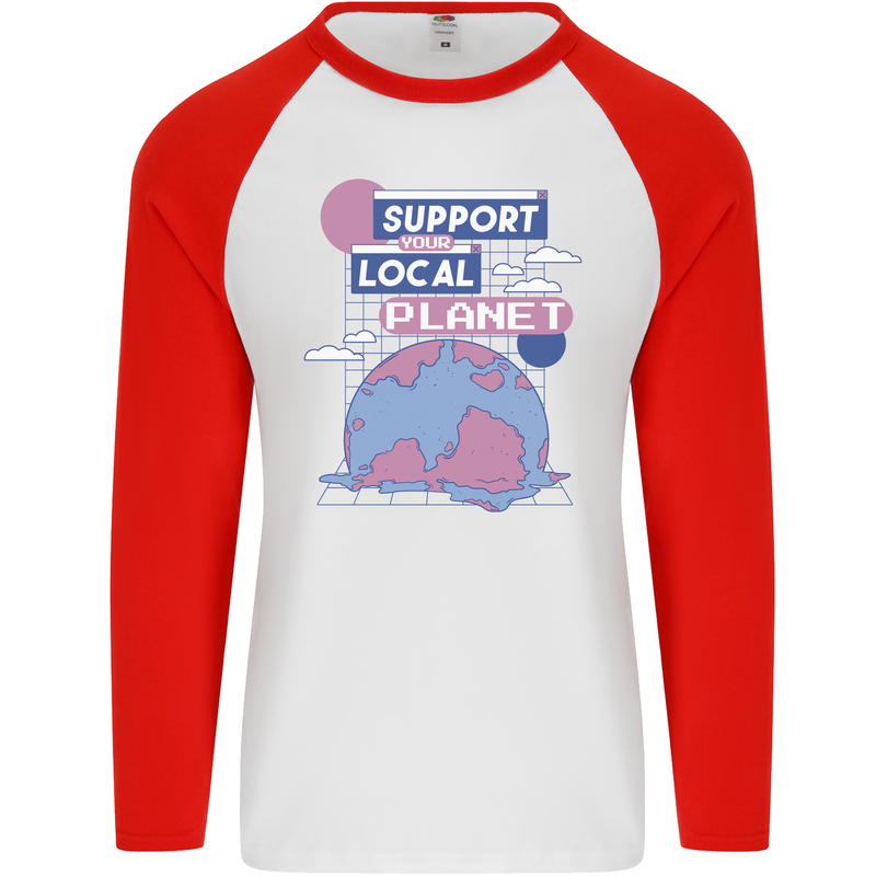 Climate Change Support Your Local Planet Mens L/S Baseball T-Shirt White/Red