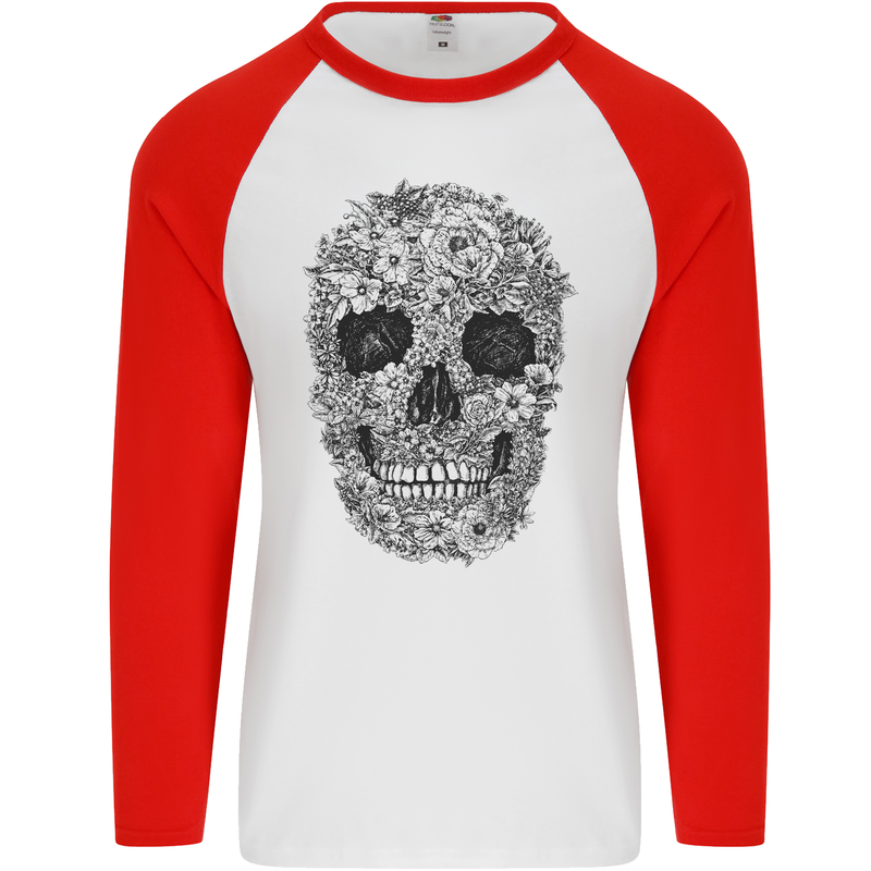 A Skull Made of Flowers Gothic Rock Biker Mens L/S Baseball T-Shirt White/Red