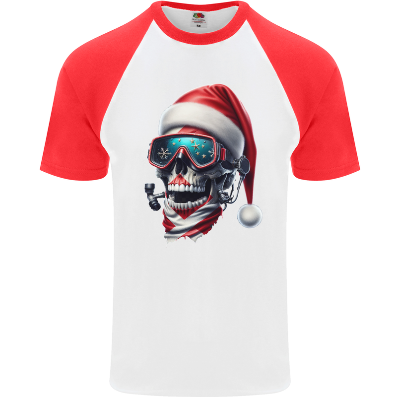 Christmas Scuba Diving Skull Xmas Hat Mens S/S Baseball T-Shirt White/Red