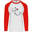 Curled South Korea Flag Korean Day Football Mens L/S Baseball T-Shirt White/Red