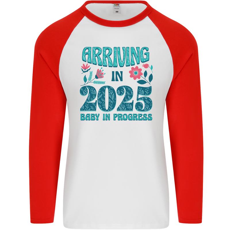 Arriving 2025 New Baby Pregnancy Pregnant Mens L/S Baseball T-Shirt White/Red