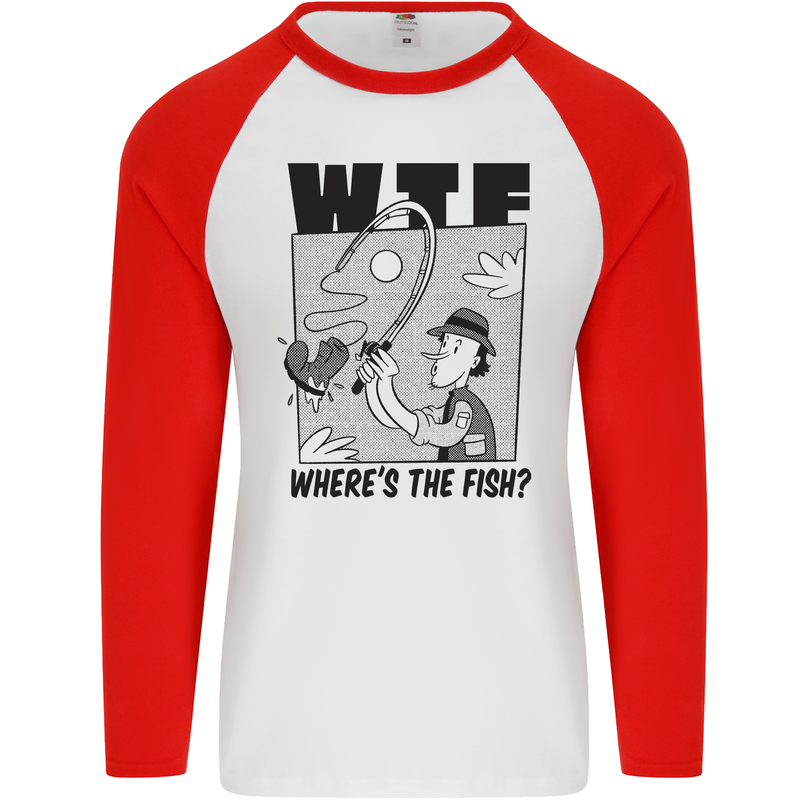 WTF Wheres the Fish Funny Fishing Fisherman Mens L/S Baseball T-Shirt White/Red