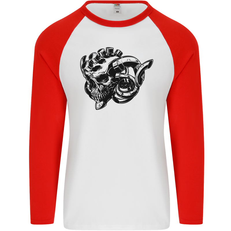 Turbo Skull Car Enthusiast Engine Drifting Mens L/S Baseball T-Shirt White/Red