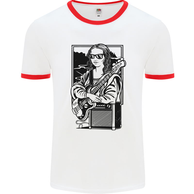 Electric Guitar Mona Lisa Rock Music Player Mens Ringer T-Shirt White/Red