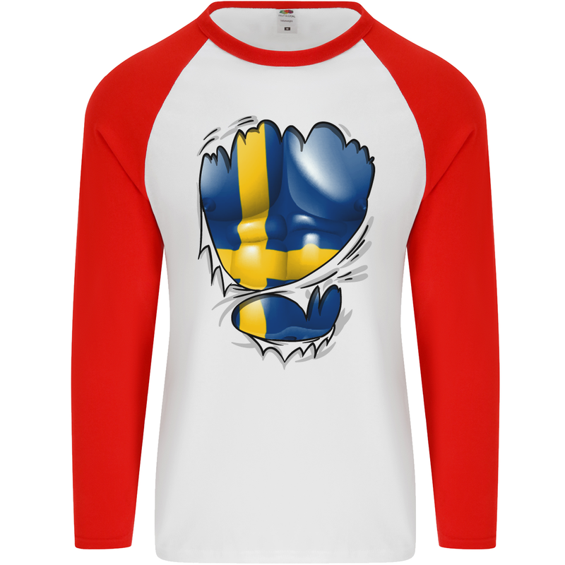 Gym Swedish Flag Ripped Muscles Sweeden Mens L/S Baseball T-Shirt White/Red