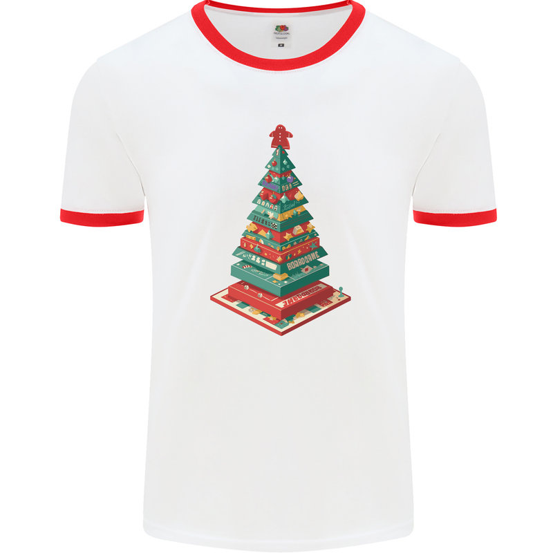 Christmas Board Games Xmas Tree Mens Ringer T-Shirt White/Red