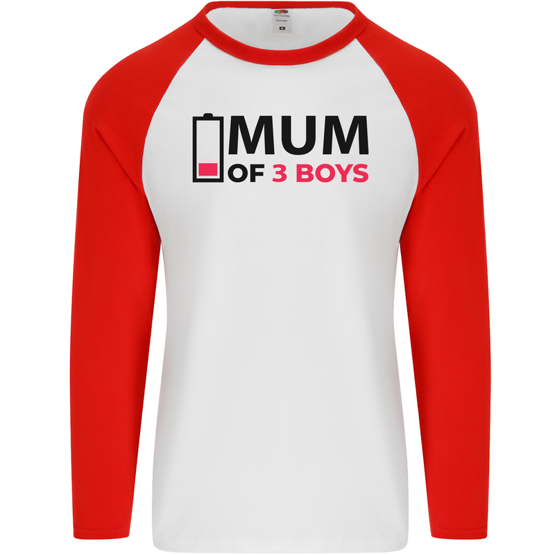 Mum of Three Boys Funny Mother's Day Mens L/S Baseball T-Shirt White/Red