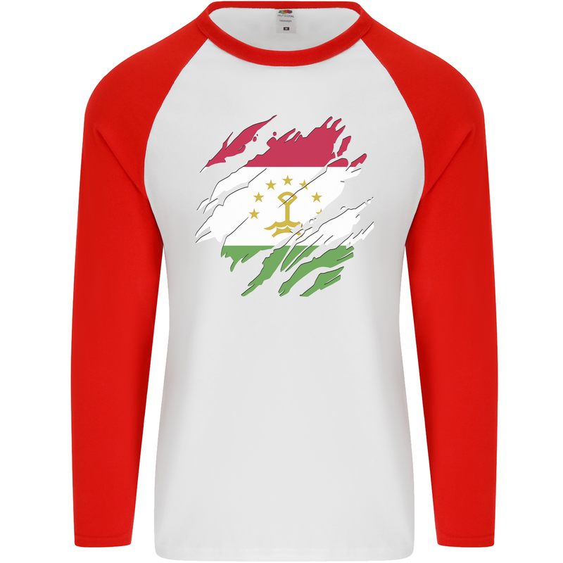 Torn Tajikistan Flag Tajik Day Football Mens L/S Baseball T-Shirt White/Red