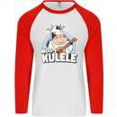 Mookulele Funny Cow Playing Ukulele Guitar Mens L/S Baseball T-Shirt White/Red
