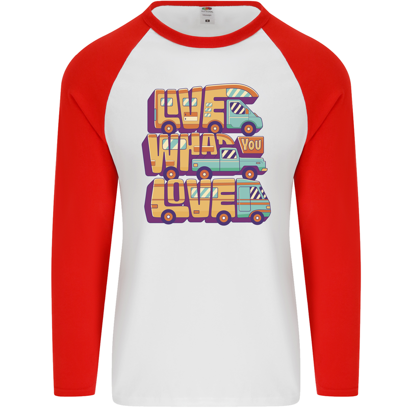 RV Live What You Love Motorhome Caravan Mens L/S Baseball T-Shirt White/Red