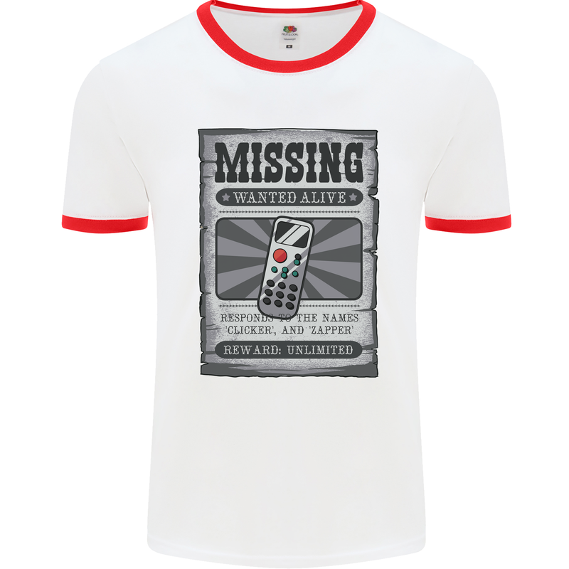 Wanted Remote Control Funny TV Lost Misplaced Mens Ringer T-Shirt White/Red