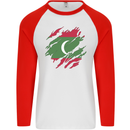 Torn Maldives Flag Maldivian Day Football Mens L/S Baseball T-Shirt White/Red