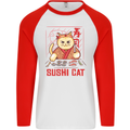 Funny Sushi Cat Food Fish Chef Japan Mens L/S Baseball T-Shirt White/Red