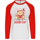 Funny Sushi Cat Food Fish Chef Japan Mens L/S Baseball T-Shirt White/Red