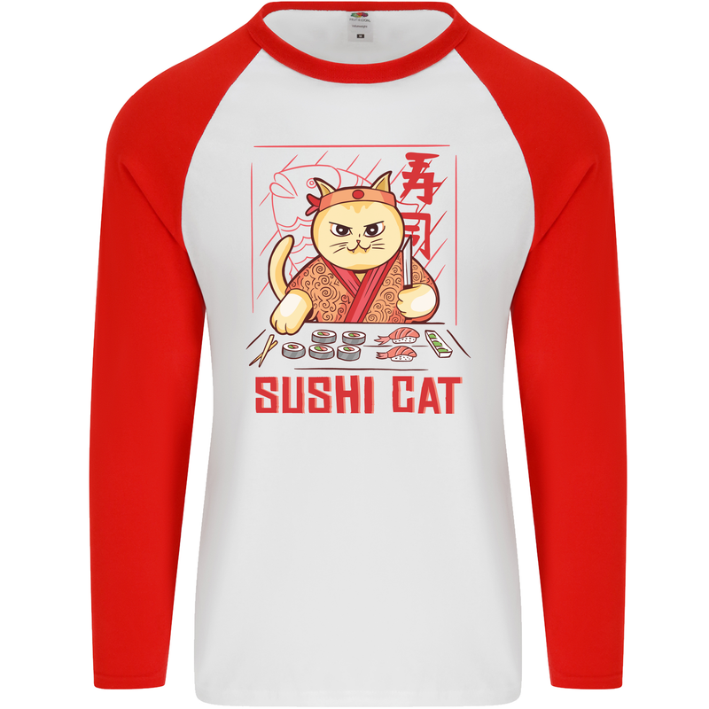 Funny Sushi Cat Food Fish Chef Japan Mens L/S Baseball T-Shirt White/Red