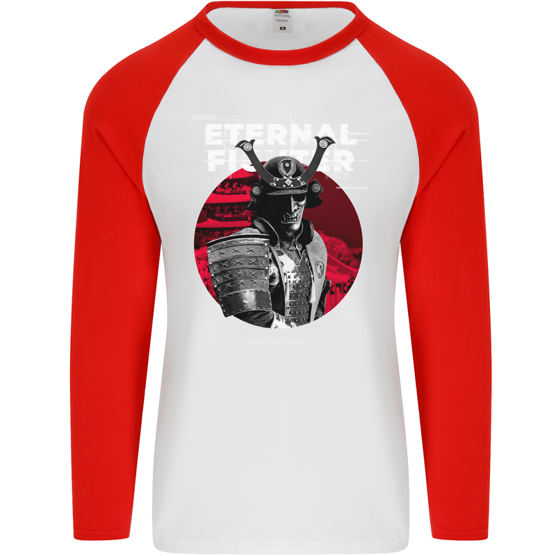 Samurai Fighter Skull MMA Mixed Martial Arts Mens L/S Baseball T-Shirt White/Red