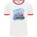 Santa Claus Fishing on a Pier Christmas Mens Ringer T-Shirt White/Red