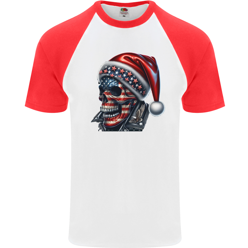 American Christmas Skull Xmas USA Flag Biker Mens S/S Baseball T-Shirt White/Red