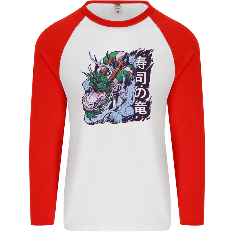 Sushi Dragon Mens L/S Baseball T-Shirt White/Red