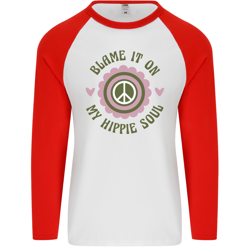 Blame It on My Hippy Soul 60s 70s Flower Power Mens L/S Baseball T-Shirt White/Red