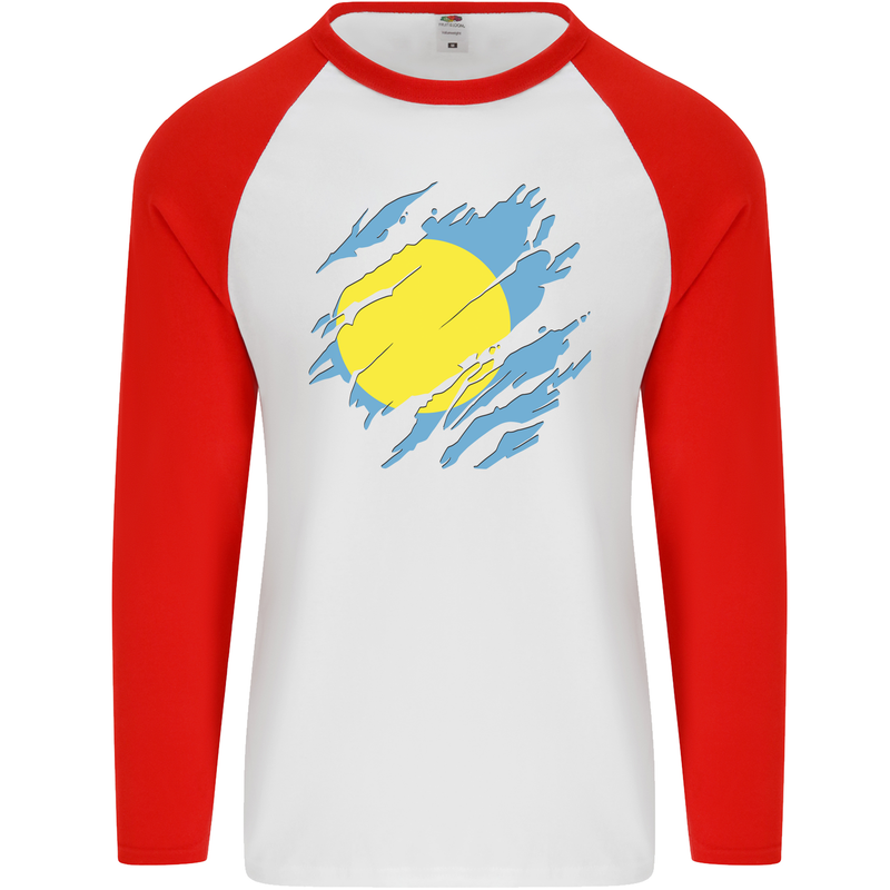 Torn Palau Flag Palauan Day Football Mens L/S Baseball T-Shirt White/Red