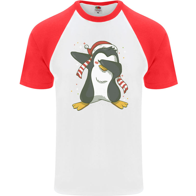 Christmas Dabbing Penguin Funny Xmas Mens S/S Baseball T-Shirt White/Red