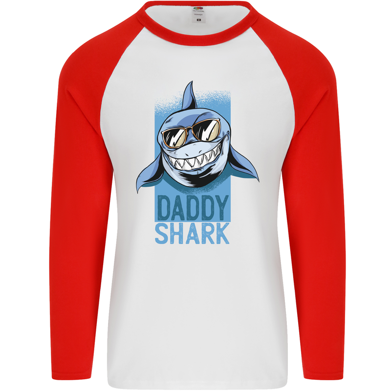 Daddy Shark Funny Father's Day Mens L/S Baseball T-Shirt White/Red