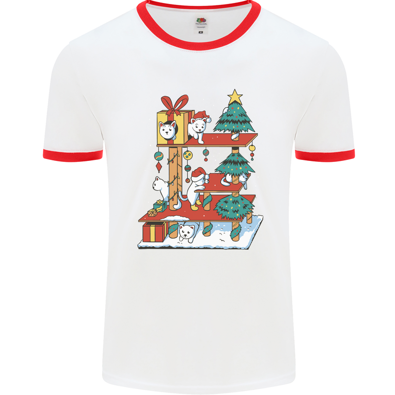 Christmas Cat House Funny Winter Xmas Mens Ringer T-Shirt White/Red