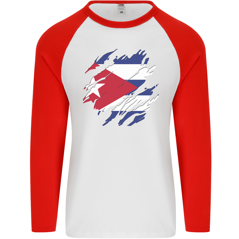 Torn Cuba Flag Cuban Day Football Mens L/S Baseball T-Shirt White/Red