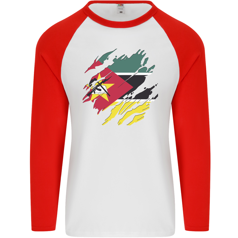 Torn Mozambique Flag Mozambican Day Football Mens L/S Baseball T-Shirt White/Red